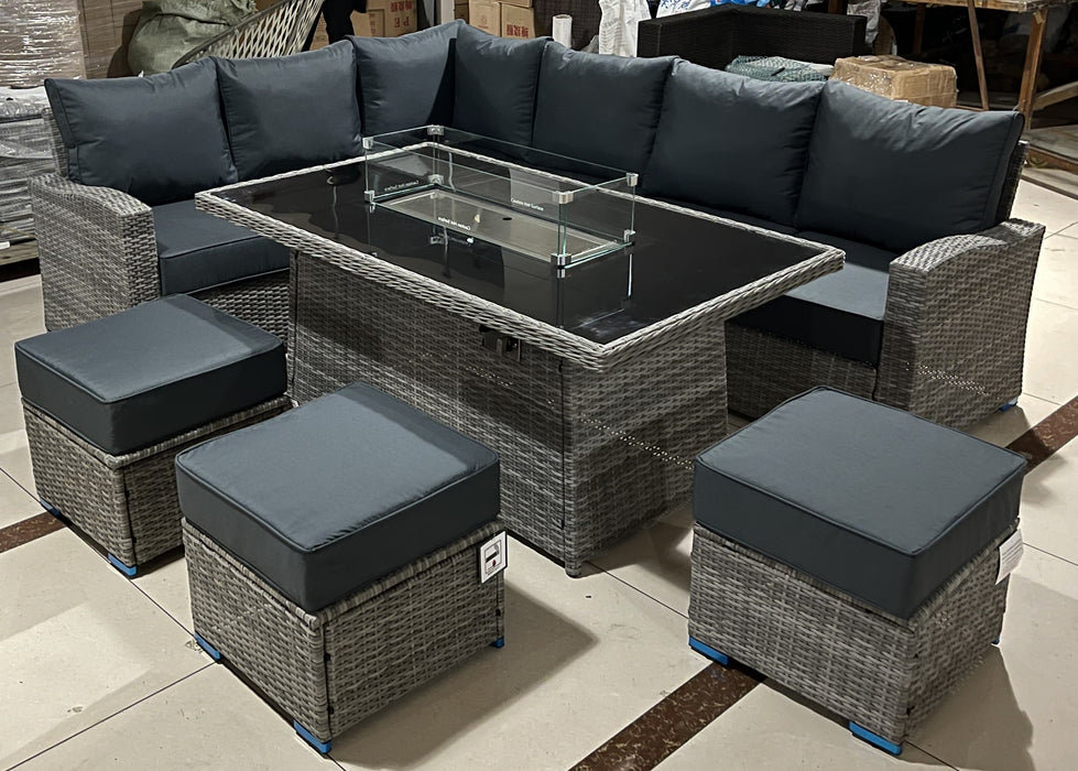 Corner Dining Set with Fire Pit Table - 8 Seater - GREY