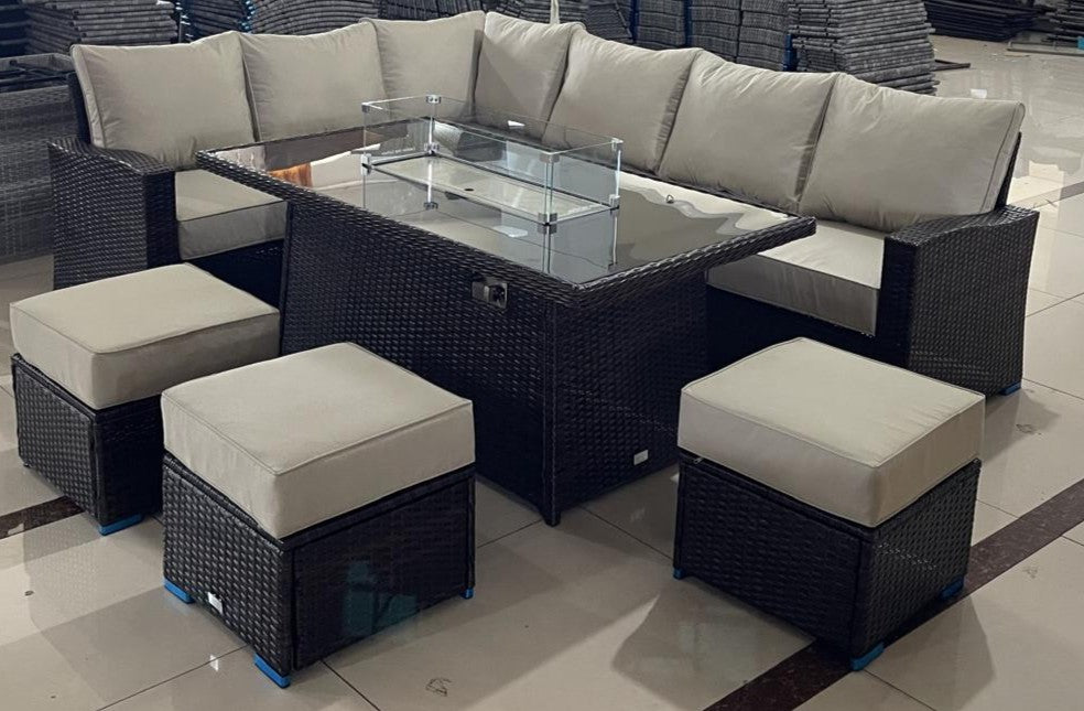 Corner Dining Set with Fire Pit Table - 8 Seater - BROWN/BEIGE
