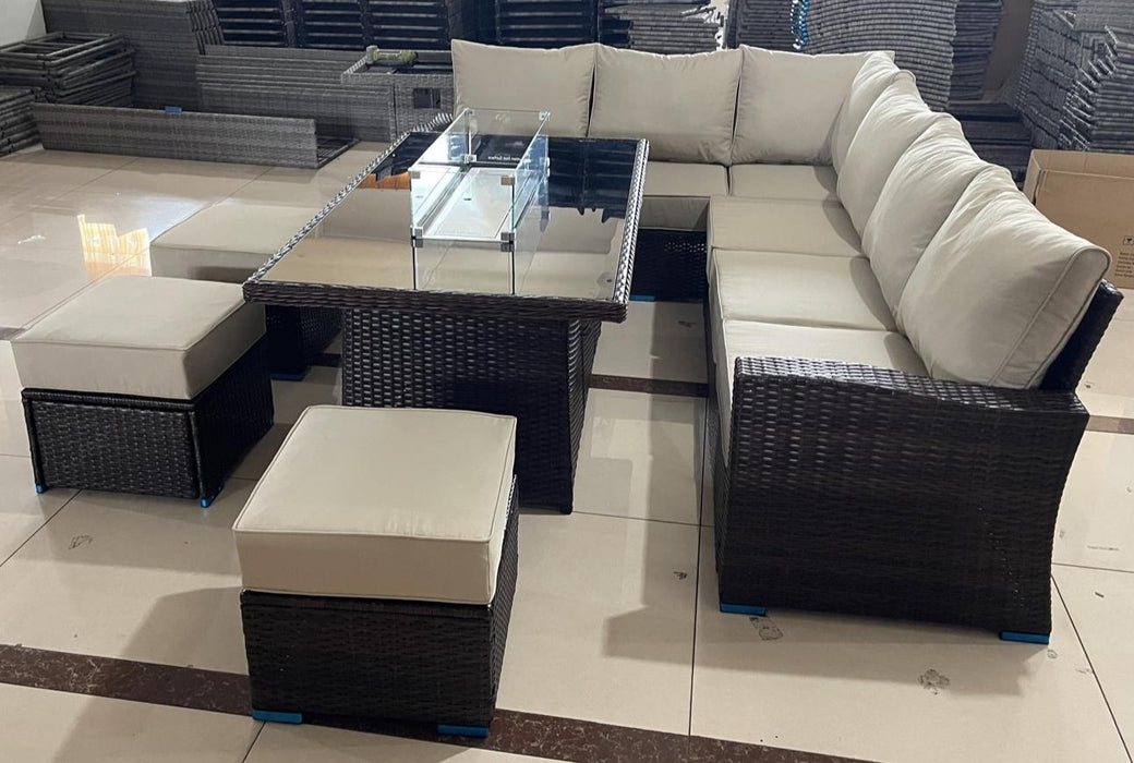 Corner Dining Set with Fire Pit Table - 8 Seater - BROWN/BEIGE
